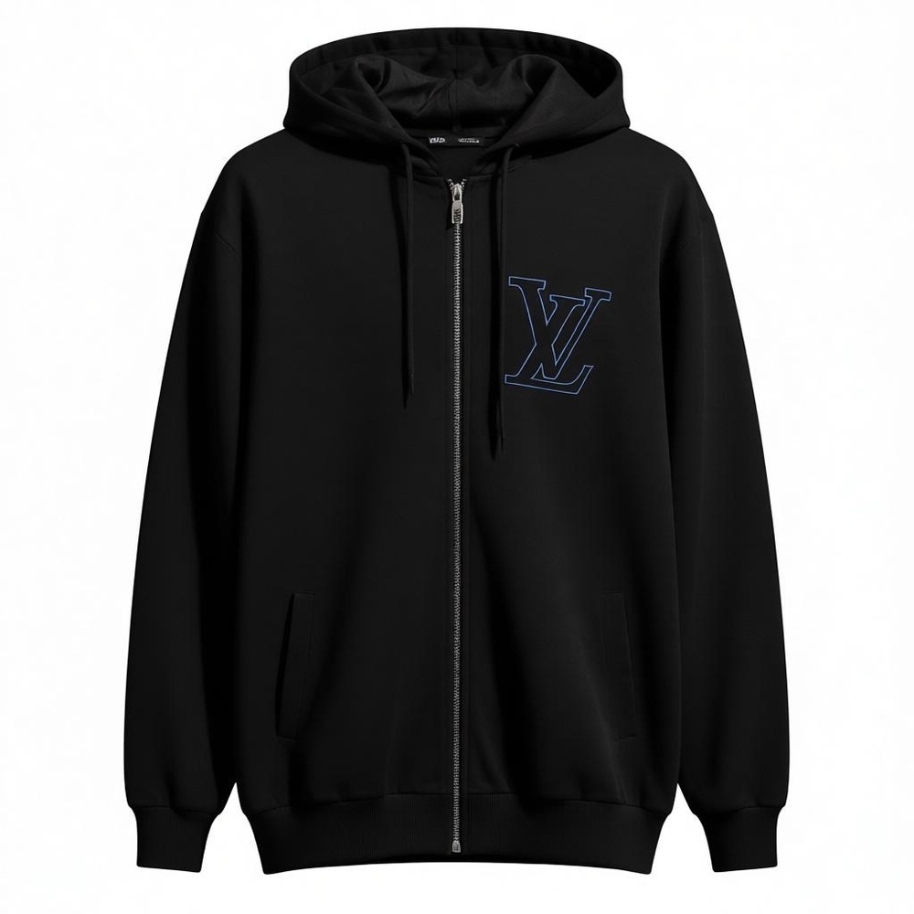 LouisVuitton Black Zip Cardigan Hoodie with Embroidered blue LV Logo
